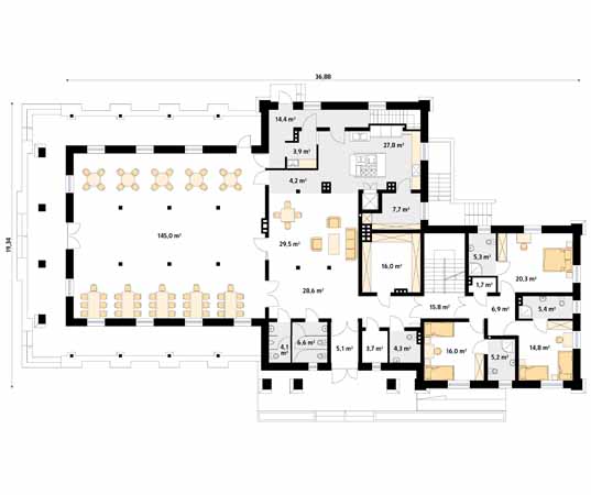 Projekt pensjonatu Cykada 5 - rzut parteru